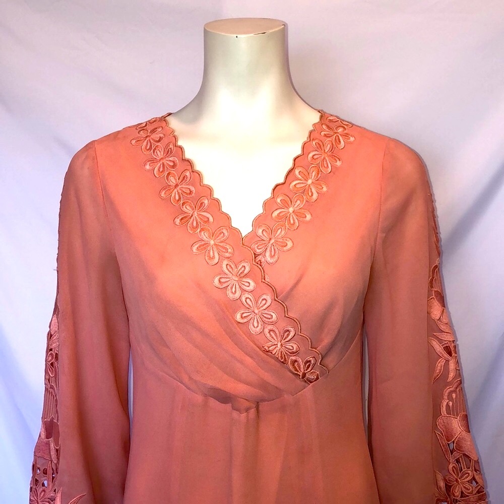 1960s Salmon Colored Embroidered Dress